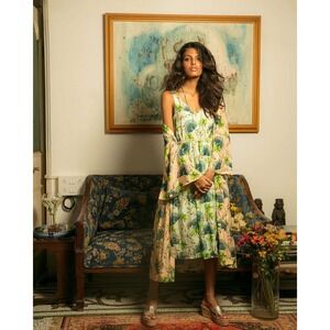 Verandah Mint Champa Peacock‎ Print Dress Sleeveless Tiered Summer Resort L